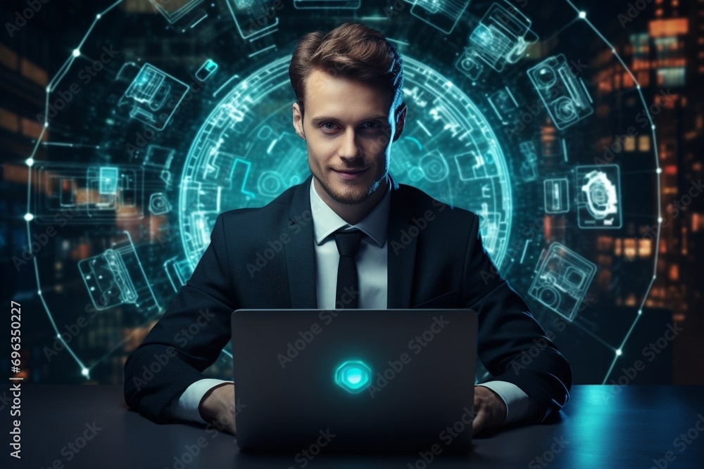 Wall mural Create a high-resolution photo Late at Night in Private Office Male Businessman Works on a Laptop Computer. He Look at the Camera with Smile. Data Protection Engineering Network for Cyber Security. Bu