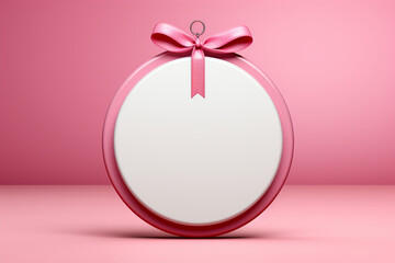 a high-quality photo of a round white gift tag mockup on a pink background, versatile and blank circular price sticker tag, realistic stock mockup, Sale and Black Friday concept, love and wedding them