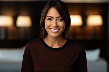 Confident smiling woman in a cozy hotel, exuding happiness and corporate success.