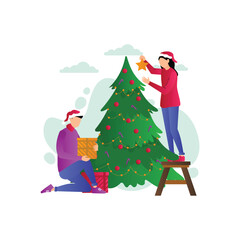 Couple decorating christmas tree Vector Illustration that can be easily modified or edit

