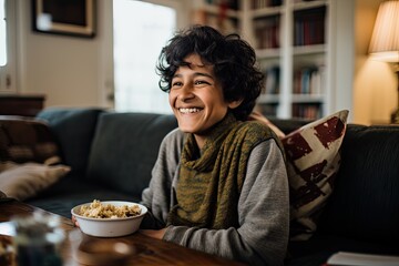 A happy Indian teenager on a sofa, enjoying cereal indoors.