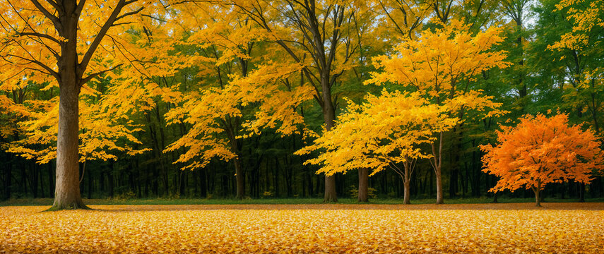 Autumn park with fallen leaves. Natural background, nature landscape wallpaper, banner. Created using generative AI tools