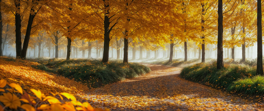 Autumn park with walkways. Natural background, nature landscape wallpaper, banner. Created using generative AI tools
