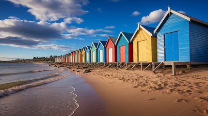 Picturesque Row of Colorful Beach Huts Along the Shoreline