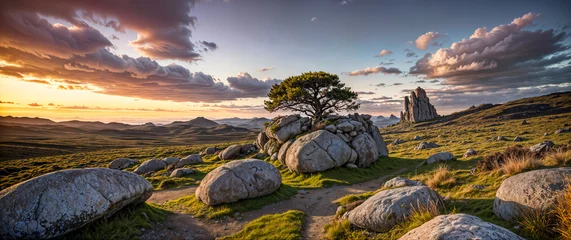 Foto op Canvas Epic landscape with weathered boulders and trail at sunset. Natural background, nature landscape wallpaper, banner. Created using generative AI tools © rustamank