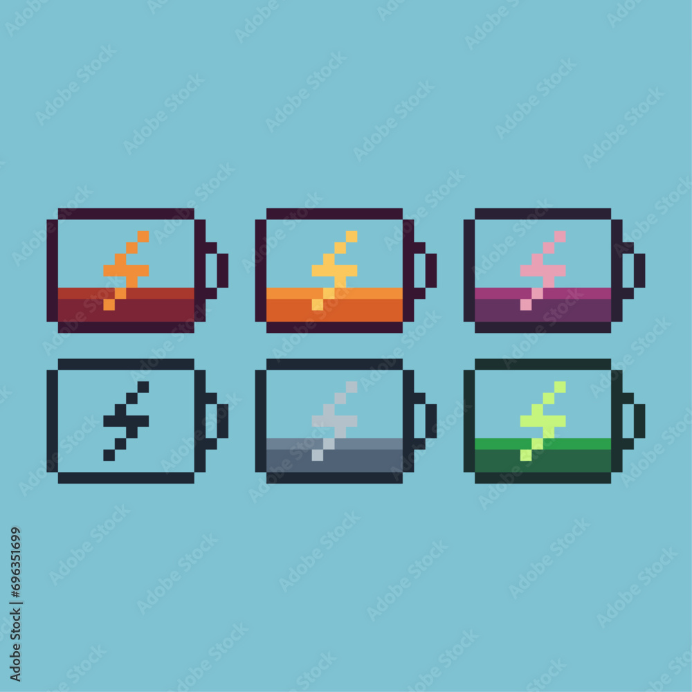 Poster pixel art sets of battery handphone icon with variation color item asset. energy battery icon on pix