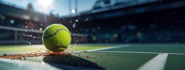 Yellow tennis ball lying on tennis court, open air stadium on warm sunny day. Before match. Game, sport attributes. Concept of sport, leisure, active lifestyle, game, hobby and tournament