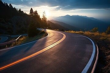 Scenic road trip through nature. Asphalt highway winds picturesque landscape surrounded by lush greenery and rolling hills. Warm tones of sunset cast golden glow over scene creating serene