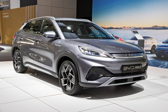 BYD Atto 3 electric car at the Brussels Autosalon European Motor Show. Brussels, Belgium - January 13, 2023.