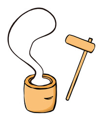 餅つきのイラスト　臼と杵と飛び出す餅