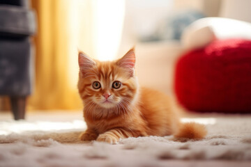 Cute ginger kitten lying on carpet at home. Fluffy pet