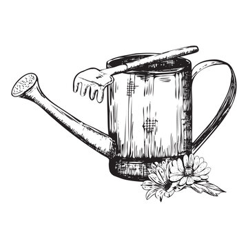 watering can, rake, flowers, black and white clip art preview