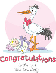 Birthday greeting card with a funny stork and a cute newborn baby after their flight to happy parents, vector cartoon illustration