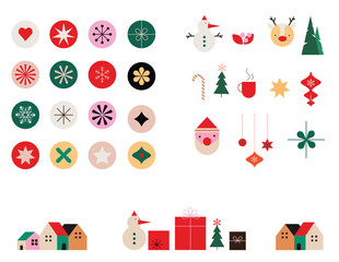 Christmas elements in modern minimalist geometric style. Colorful illustration in flat vector cartoon style. Xmas tree with geometrical patterns, stars and abstract elements