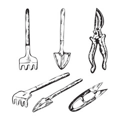 Hand-drawn ink illustrations. A set of garden tools, trowels, hedge-clippers, rakes. Vector