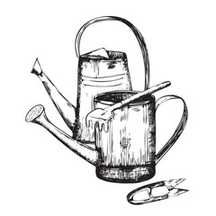 Hand-drawn ink illustration. Watering cans with garden scissors. Vector