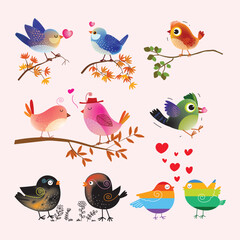 Set of bright exotic tropical colorful sparrow, little birds vector illustration.