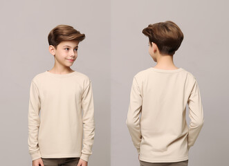 Front and back views of a little boy wearing a beige long-sleeve T-shirt