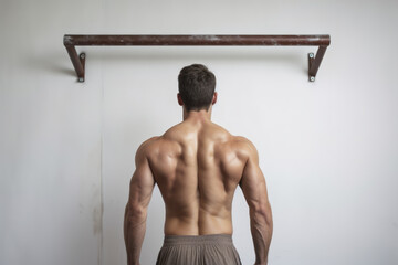 back view of muscle man in front of pullup bar