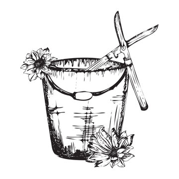 bucket, shears, flowers, black and white clip art preview