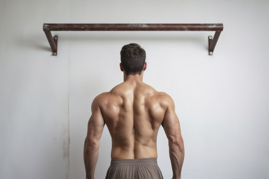 back view of muscle man in front of pullup bar