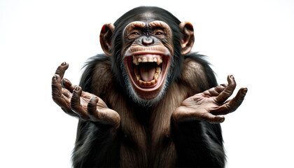 Monkey portrait with happy humour expressive and positive smiling. Chimpanzee with a gesture of surpprised and laughing out loud, isolated on white background. - obrazy, fototapety, plakaty