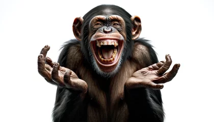 Foto op Canvas Monkey portrait with happy humour expressive and positive smiling. Chimpanzee with a gesture of surpprised and laughing out loud, isolated on white background. © angellodeco