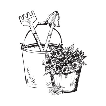 recommend clip art: Hand-drawn ink illustration. A bucket with garden rake and trowel with a flower pot. Vector