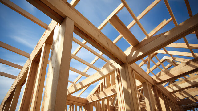 Construction of a wooden country house, supports from wooden beams. Low angle view of a house framing. A concept of framed fast-built housing.