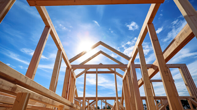 Construction of a wooden country house, supports from wooden beams on blue sky background. Low angle view of a house framing. A concept of framed fast-built houses.