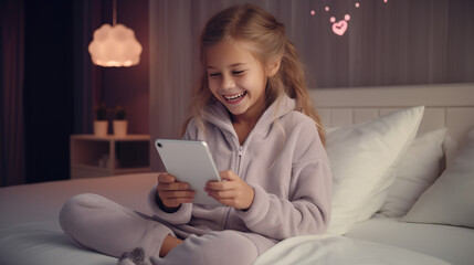 Happy little blonde caucasian girl in pajama in bedroom playing games on smartphone and smiling. Parental control of screen time, reasonable use of smartphone by children. - obrazy, fototapety, plakaty