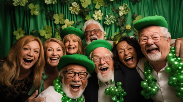 company Senior man and women in green hat with clover. old people St. Patrick's Day celebration. active retirement