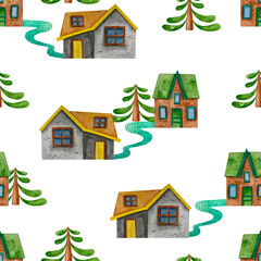 little houses seamless pattern. hand drawn watercolor background, wrapping paper, textile print
