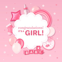 Realistic baby shower frame background for girls with baby elements on pink