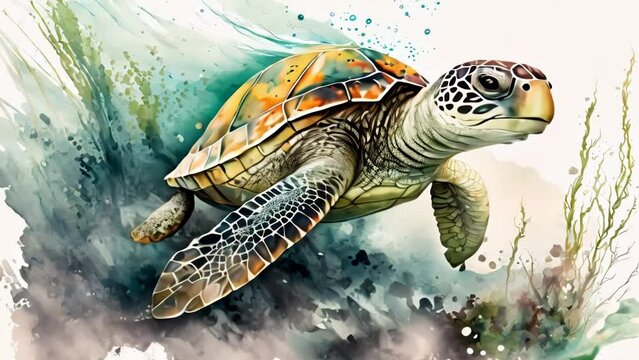 Animation of swimming turtle in style of aquarelle
