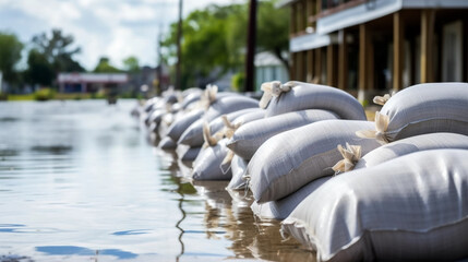 Fototapeta na wymiar copy space, stockphoto, Close shot of flood Protection Sandbags with flooded homes in the background. Water damage at home. Insurance home. Water damage after flooding.