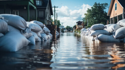 copy space, stockphoto, Close shot of flood Protection Sandbags with flooded homes in the background. Water damage at home. Insurance home. Water damage after flooding. - obrazy, fototapety, plakaty