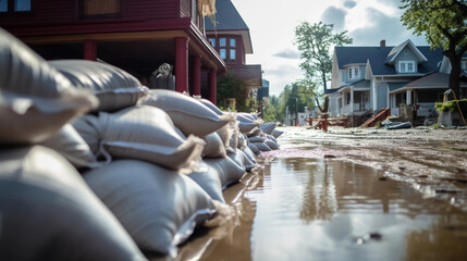 copy space, stockphoto, Close shot of flood Protection Sandbags with flooded homes in the...