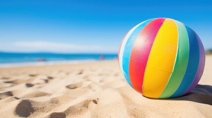 Close-up photo of a vibrant beach ball on a sunny beach, with clear blue sky in the background, symbolizing summer fun 