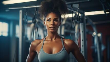 Fototapeta na wymiar African American fitness instructor or black female fitness exerciser standing in the gym. healthy lifestyle concept