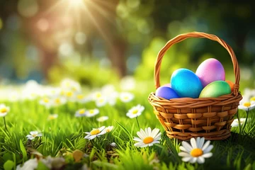 Fotobehang Basket full of colorful easter eggs on green grass in the garden on a sunny day. © Екатерина Переславце