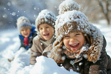 A group of children playing in the snow, laughing and having fun