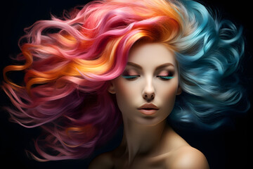 Farbenvielfalt der Schönheit: Porträt einer schönen Frau mit buntem Haar für individuellen Stil