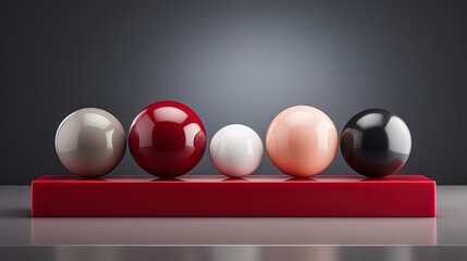 A wooden and marble spheres of different sizes and colors in an orderly arrangement