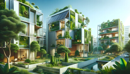 A unique modern, eco-friendly urban residence with solar panels and a living green wall, set amidst a diverse urban garden.