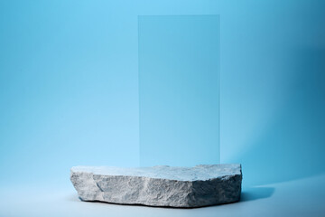 Flat white stone pedestal, blue template, banner background. Minimalism concept, empty podium display product, presentation scene