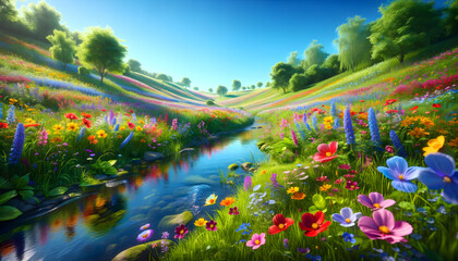 A serene spring landscape showcasing a vibrant meadow with colorful blooming flowers, a gentle stream, and a clear blue sky