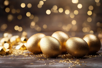 Beautiful, magical Easter background with golden eggs, glitter particles, bokeh lights and copy space. Perfect for holiday-themed designs, greeting cards. Celebration, festive mood.