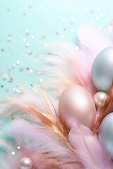 Obraz na płótnie Canvas Enchanting Easter background with eggs, feathers, glitter and copy space for text. Soft, pastel colors. Tranquil and joyful scene. Perfect for holiday-themed designs, greeting cards.