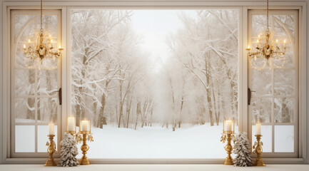 A large, horizontal, modern floor-to-ceiling window with a white frame, candles on the windowsill, retro chandeliers and a view of a snowy, winter forest, park.